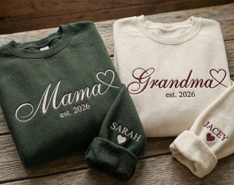 Custom Embroidered Mama Grandma Sweatshirt & Hoodie, Name On Sleeve With Heart, Gift For New Mom, Mothers Day Gifts,