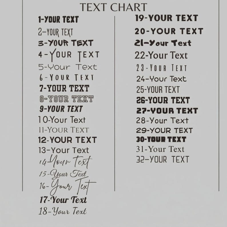 Pu&ograve; includere: Un grafico di testo con il titolo "TEXT CHART". &Egrave; diviso in due colonne, ciascuna con linee numerate etichettate "YOUR TEXT". Il testo &egrave; in un carattere semplice e di facile lettura.