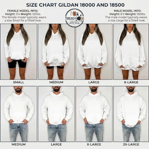 Pu&ograve; includere: Tabella delle taglie per felpe con cappuccio Gildan 18000 e 18500. La tabella mostra modelli che indossano felpe con cappuccio bianche nelle taglie small, medium, large e X-large. Info modello femminile: 163cm, 54kg. Info modello maschile: 183cm, 82kg. &Egrave; visibile anche il testo "THREADANDINK 50 EMBROIDERY & PRINTED APPAREL".
