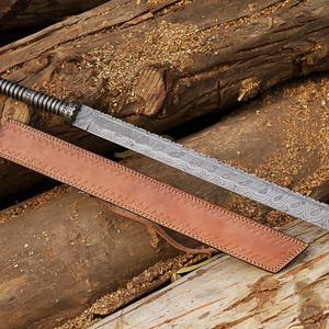 Hand-Forged Damascus Steel Viking Tanto Sword with Leather Sheath