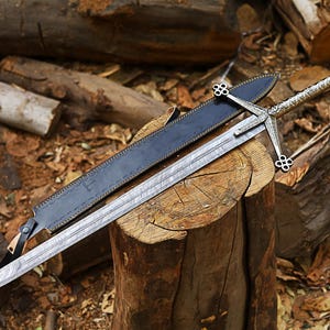 Medieval Sword, Damascus Sword, Scottish Claymore Sword, Hand Forged Sword, Long Sword,Viking Sword, Sword with Leather Sheath, Gift for Him
