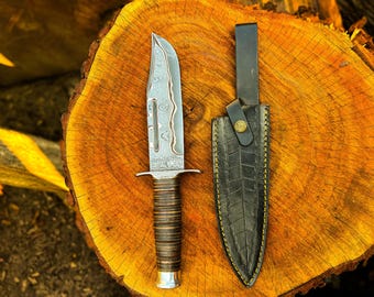 Handmade Copper Damascus Bowie Knife: Stacked Leather Handle, Hunting Knife