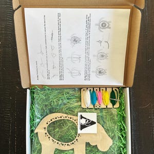 May include: A wooden craft kit featuring a hippopotamus shape with numbered holes for stringing yarn. The kit includes five spools of colorful yarn, a needle, and instructions. The kit is packaged in a brown cardboard box with green shredded paper.