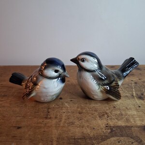 May include: Two ceramic bird ornaments. The birds are finished with a glossy glaze in white, grey, and navy blue. They are positioned on a wooden surface. The birds are facing each other.