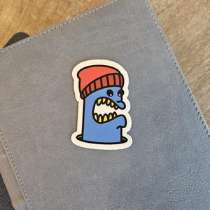 Cartoon Creature Beanie Sticker, Blue Vinyl Monster Sticker, Laptop Decal, Cute Vinyl Sticker, 1.7” x 2.5”