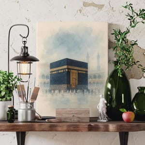 Islamic Canvas Gift For Muslims, Kaaba Watercolor Wall Art – Mecca Masjid al-Haram Canvas, Hajj Umrah Gift, Islamic Canvas, Islamic Wall Art