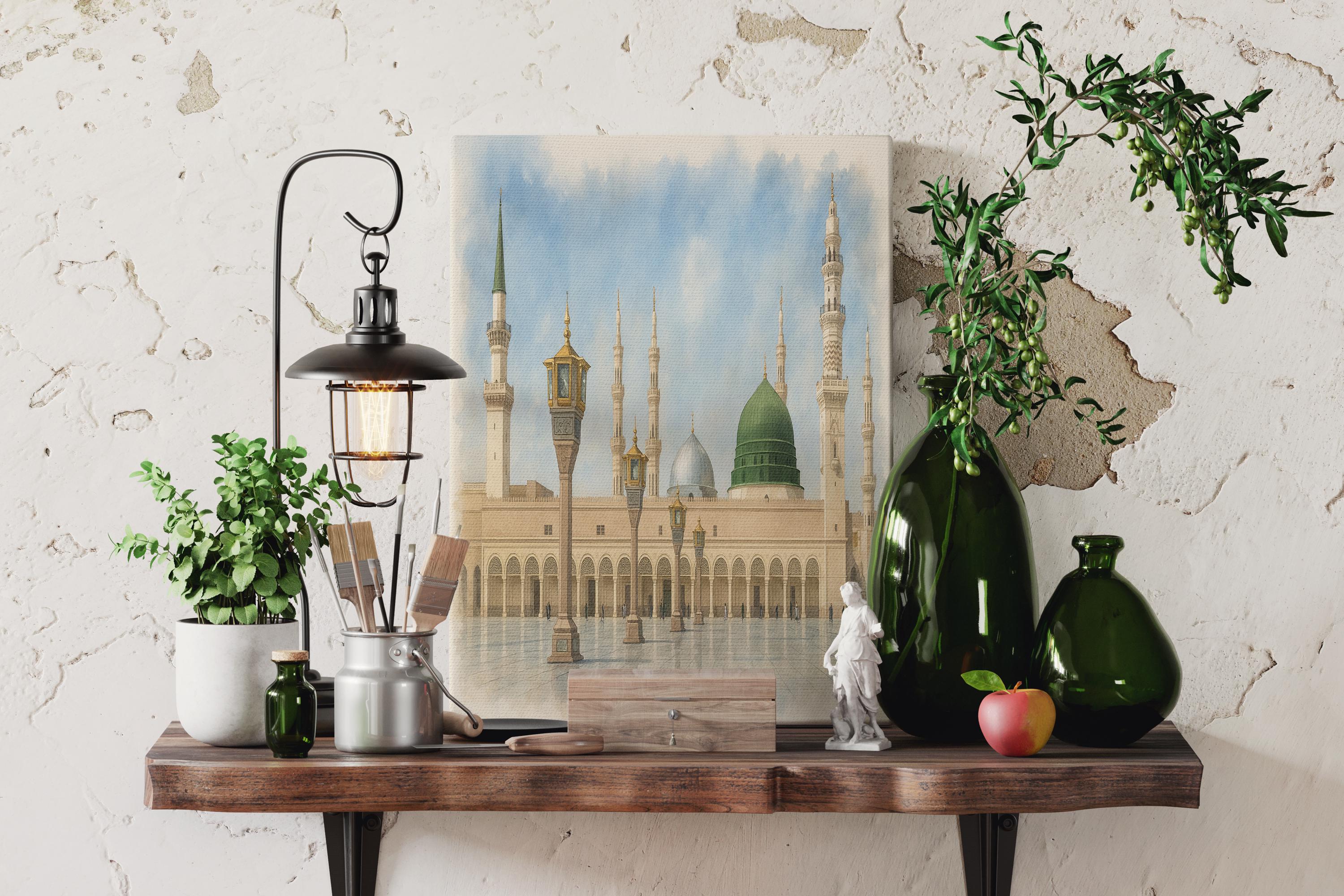 Islamic Canvas Gift For Muslims, Green Dome of Madinah Watercolor, Islamic Wall Art, Masjid Al Nabawi Canvas Print, Islamic Watercolor Gift