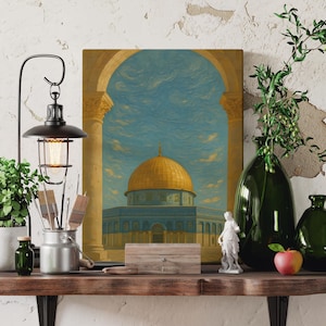 Lienzo islámico para musulmanes, impresión de arte islámico de Jerusalén, póster de cielo estrellado de la Mezquita Al Aqsa, lienzo estilo Van Gogh de la Cúpula de la Roca.