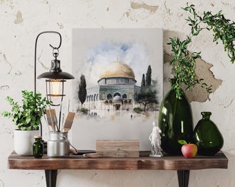 Islamic Canvas Gift For Muslims, Watercolor Al Aqsa Mosque Wall Art, Palestine Jerusalem Dome of the Rock Illustration, Islamic Wall Art