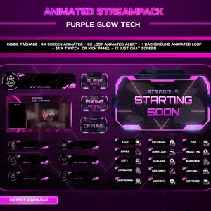 May include: Animated purple and black Twitch stream pack with neon pink accents. The pack includes a starting soon screen, a new donation alert, a just chatting screen, an ending soon alert, an offline screen, and a variety of other panels for social media, games, and more.