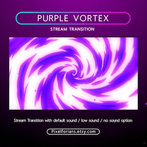 Puede incluir: Efecto de transición de flujo de vórtice animado morado y blanco. El texto "PURPLE VORTEX" y "STREAM TRANSITION" se muestra sobre el vórtice. El texto "Pixelforians.etsy.com" se muestra debajo del vórtice.