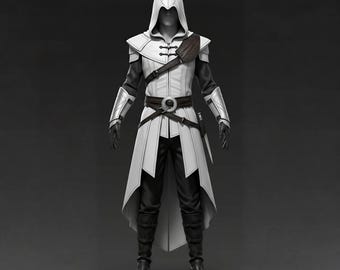 Genuine Leather White Assassin Costume – Hooded Leather Coat with Black Accents and Leather Pants | Cosplay, LARP & Renaissance Outfit