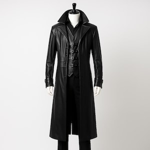 Handmade Men’s Long Black Genuine Leather Trench Coat – Gothic Steampunk Buckle Front Overcoat for Cosplay, LARP & Victorian Fashion