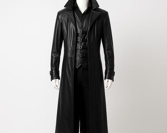 Handmade Men’s Long Black Genuine Leather Trench Coat – Gothic Steampunk Buckle Front Overcoat for Cosplay, LARP & Victorian Fashion