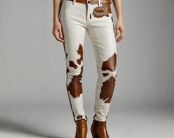 Genuine Cowhide Leather Pants | Western Outfit for Women | Handmade Brown & White Flared Trousers | Cowhide Hair on Hide Pants Western Wear