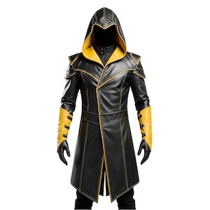 Handmade Genuine Leather Assassin Costume for Men – Black and Yellow Hooded Warrior Coat | Custom Cosplay, Handmade LARP & Halloween Outfit