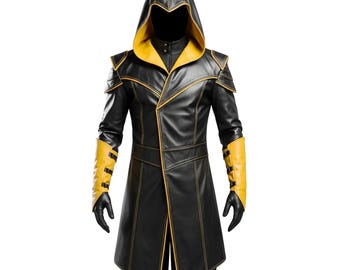 Handmade Genuine Leather Assassin Costume for Men – Black and Yellow Hooded Warrior Coat | Custom Cosplay, Handmade LARP & Halloween Outfit