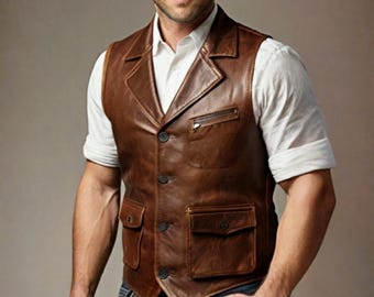 Braune Echtleder-Utiliy-Weste für Herren | Vintage Western Weste Weste | Rustikale Cowboy Style Handgefertigte Multi-Pocket Lederweste