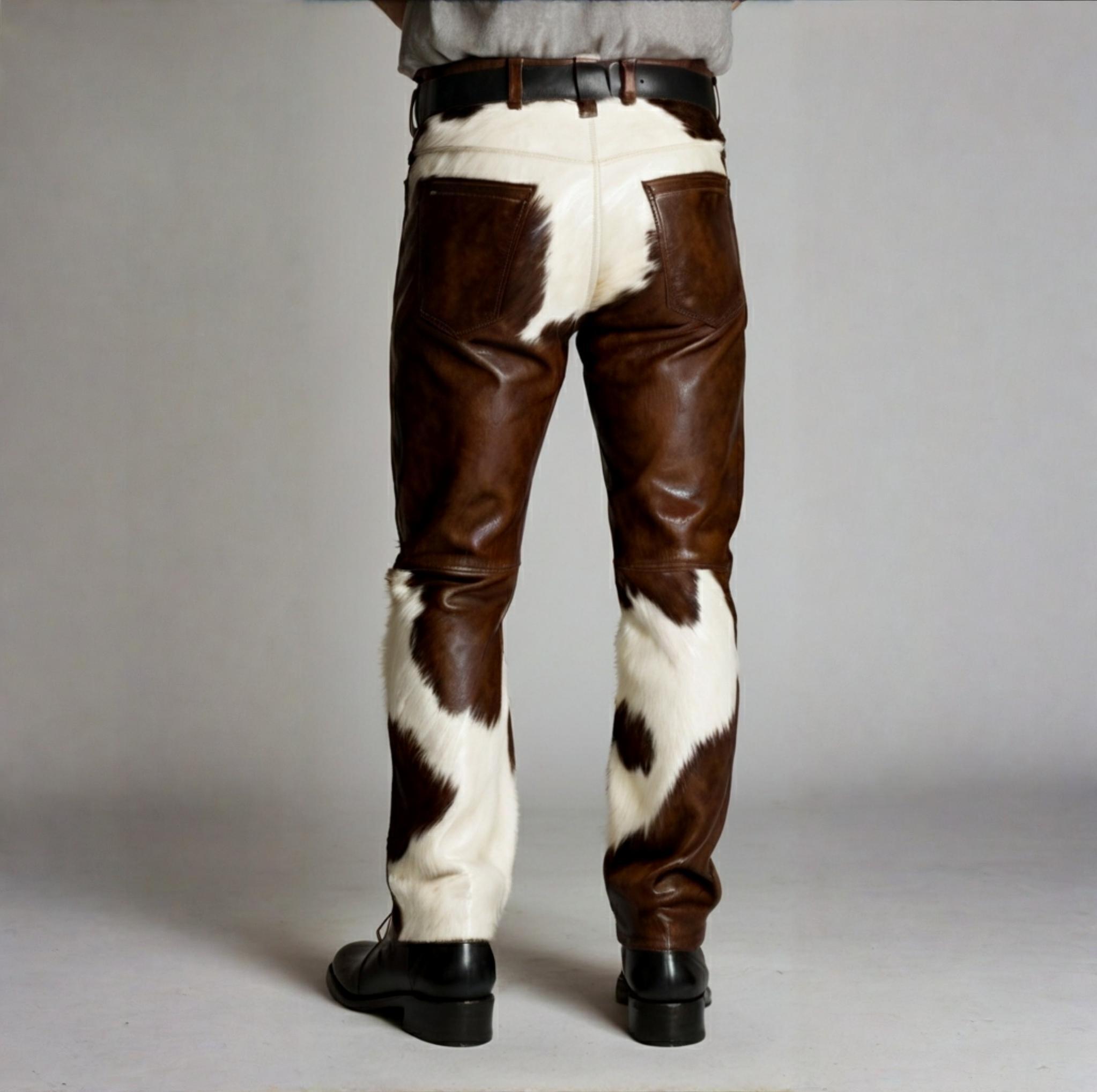 Men’s Genuine Cowhide Leather Pants – Brown & White Hair-on Western ...