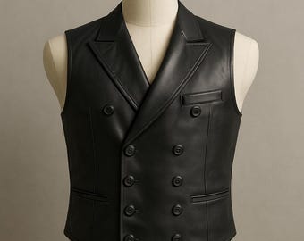 Handmade Black Genuine Leather Double-Breasted Vest for Men | Vintage Formal Waistcoat | Gothic Steampunk Tailored Leather Gilet for Men