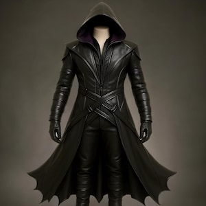 Shadow Assassin Costume | Genuine Leather Costume Hooded Long Trench Coat |  Gothic Stealth Warrior Outfit for Cosplay, Halloween Warrior