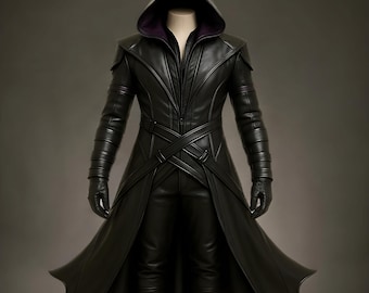 Shadow Assassin Costume | Genuine Leather Costume Hooded Long Trench Coat |  Gothic Stealth Warrior Outfit for Cosplay, Halloween Warrior