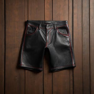 Men’s Black Sheep Leather Shorts with Red Stitching – Premium Handmade Biker Shorts – Punk-Inspired Shorts – Stylish Summer Leatherwear