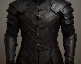 Handmade Genuine Leather Black Warrior Armor – Medieval Fantasy Chest Plate & Arm Guards for LARP, Cosplay, and Renaissance Fairs