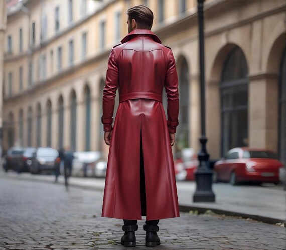 Men's Genuine Leather Red Trench Coat – Full-length Double