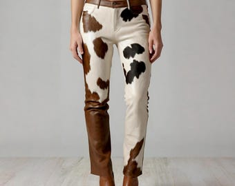 Handcrafted Cowhide Leather Pants – Genuine Hair-On Hide Western-Style Luxury Pants for Women – Premium Natural Leather Pants