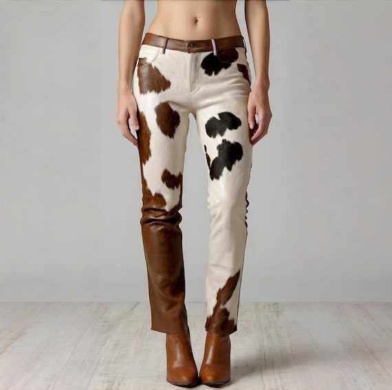 Handcrafted Cowhide Leather Pants – Genuine Hair-On Hide Western-Style Luxury Pants for Women – Premium Natural Leather Pants