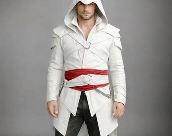 White Genuine Leather Assassin Hooded Coat for Men – Handmade Medieval Assassin Jacket, Cosplay Leather Trench Coat, Gothic Warrior Outfit