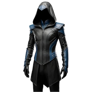 Genuine Leather Assassin Costume – Black and Blue Hooded Warrior Coat – Medieval Fantasy Cosplay Outfit for Halloween, LARP & Steampunk