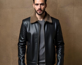 Men’s Black Sheepskin Leather Jacket with Fur Collar – Genuine Leather Aviator Bomber Coat