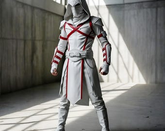 Genuine Leather White Assassin Costume – Hooded Leather Coat with Red Accents, Leather Pants and Boots | Cosplay, LARP & Renaissance Outfit