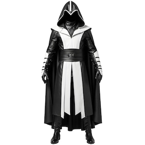 Handmade Genuine Leather Assassin Costume for Men – Black & White Hooded Warrior Armor with Cloak | Custom Made Cosplay and LARP Costume