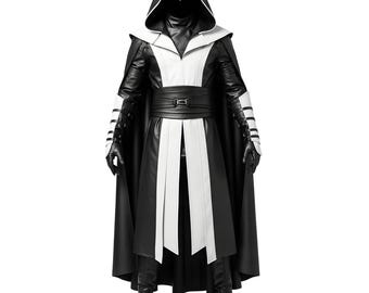 Handmade Genuine Leather Assassin Costume for Men – Black & White Hooded Warrior Armor with Cloak | Custom Made Cosplay and LARP Costume