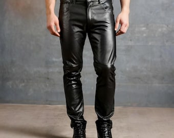 Handmade Black Leather Pants for men | Handmade Slim Fit Biker Trousers | Stylish Genuine Black Leather Jeans | Soft pants Gift for him