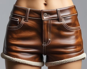 Premium Handmade Women's Brown Leather Shorts – Brown High-Waisted Booty Shorts, Real Leather Western Festival Shorts, Premium Party Wear