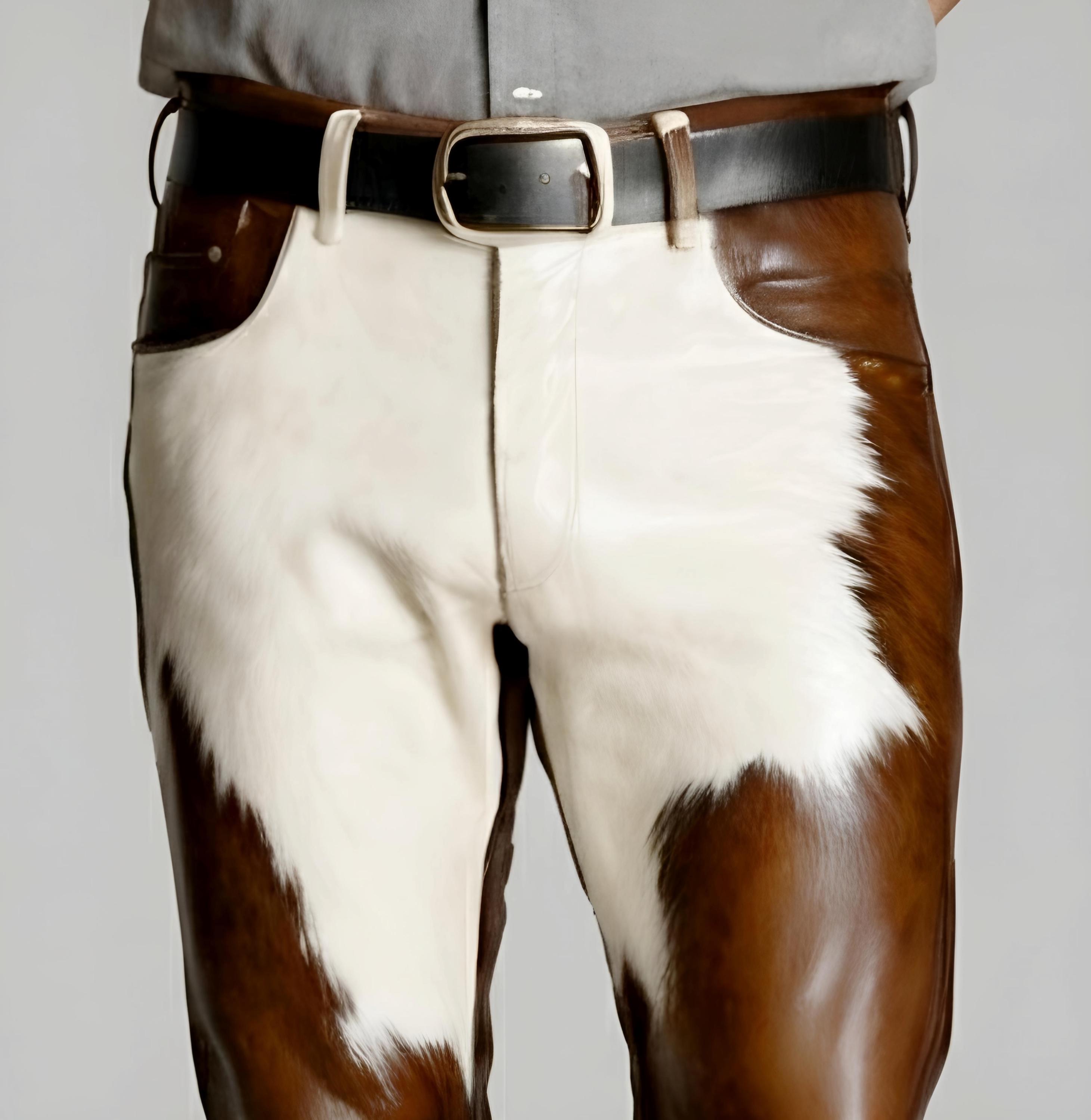 Men’s Genuine Cowhide Leather Pants – Brown & White Hair-on Western ...