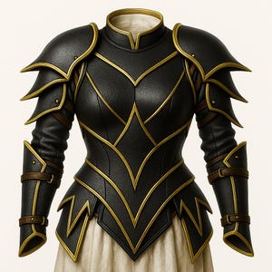 Handmade Women’s Black and Gold Genuine Leather Armor – Medieval Fantasy Chest Plate with Shoulder and Arm Guards for LARP, Cosplay & Fairs