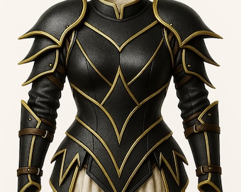 Handmade Women’s Black and Gold Genuine Leather Armor – Medieval Fantasy Chest Plate with Shoulder and Arm Guards for LARP, Cosplay & Fairs