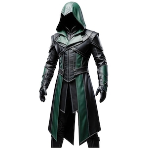 Genuine Leather Assassin Costume – Black and Green Hooded Warrior Coat – Medieval Fantasy Cosplay Outfit for Men, Halloween & LARP Costume