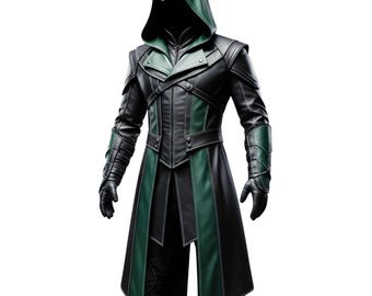Genuine Leather Assassin Costume – Black and Green Hooded Warrior Coat – Medieval Fantasy Cosplay Outfit for Men, Halloween & LARP Costume