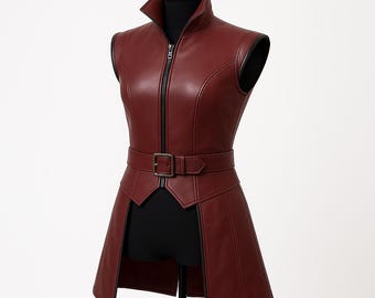 Women’s Genuine Leather Maroon Longline Vest – Sleeveless Zip-Up Leather Coat with Belt – Gothic Steampunk Cosplay & Halloween Outfit
