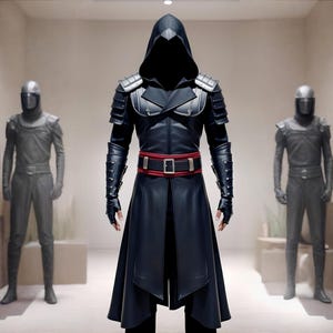 Handmade Genuine Leather Assassin Costume for Men – Black Warrior Armor Coat with Red Belt | Custom Tailored Cosplay & LARP Fantasy Costume