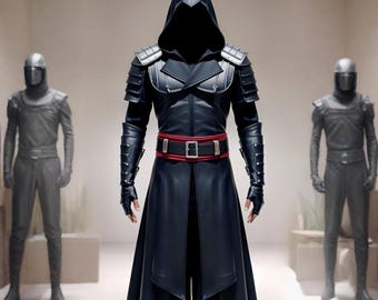 Disfraz de asesino de cuero genuino hecho a mano para hombre: armadura de guerrero negro con cinturón rojo / Disfraz de fantasía para cosplay y LARP a medida