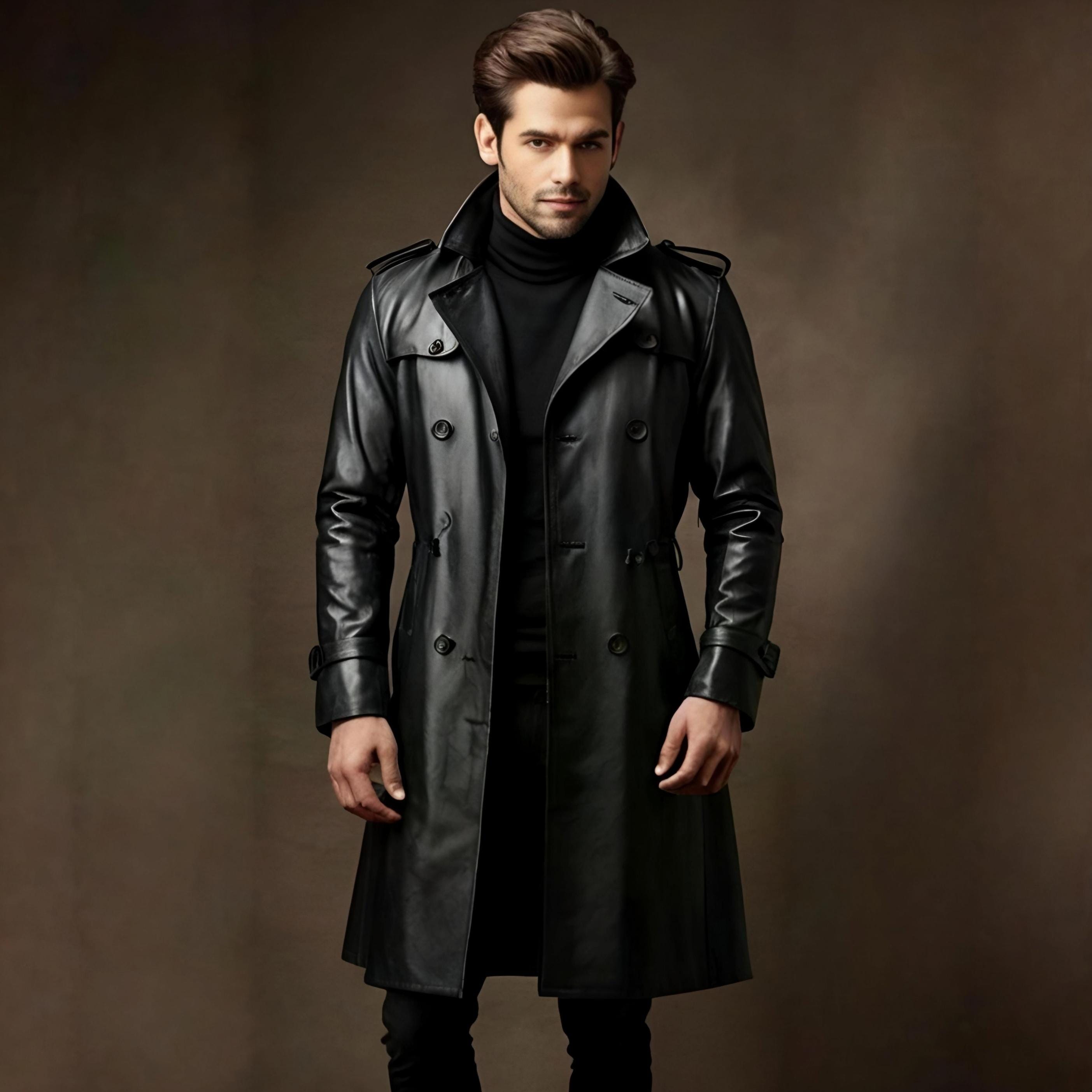 Men's Black Genuine Leather Trench Coat – Full-length Double