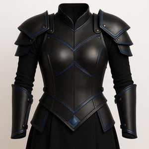 Handmade Women’s Black Leather Fantasy Armor Costume – Medieval Warrior Chest Plate with Shoulder and Arm Guards for LARP, Renaissance Fairs
