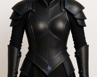 Handmade Women’s Black Leather Fantasy Armor Costume – Medieval Warrior Chest Plate with Shoulder and Arm Guards for LARP, Renaissance Fairs